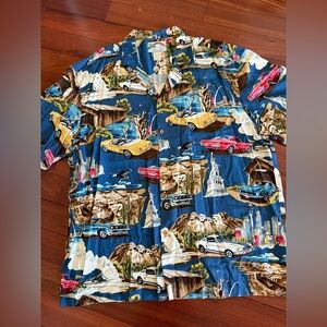 Vintage Paradise Found Mens 2XL Hawaiian Shirt Convertibles Statue Of Liberty